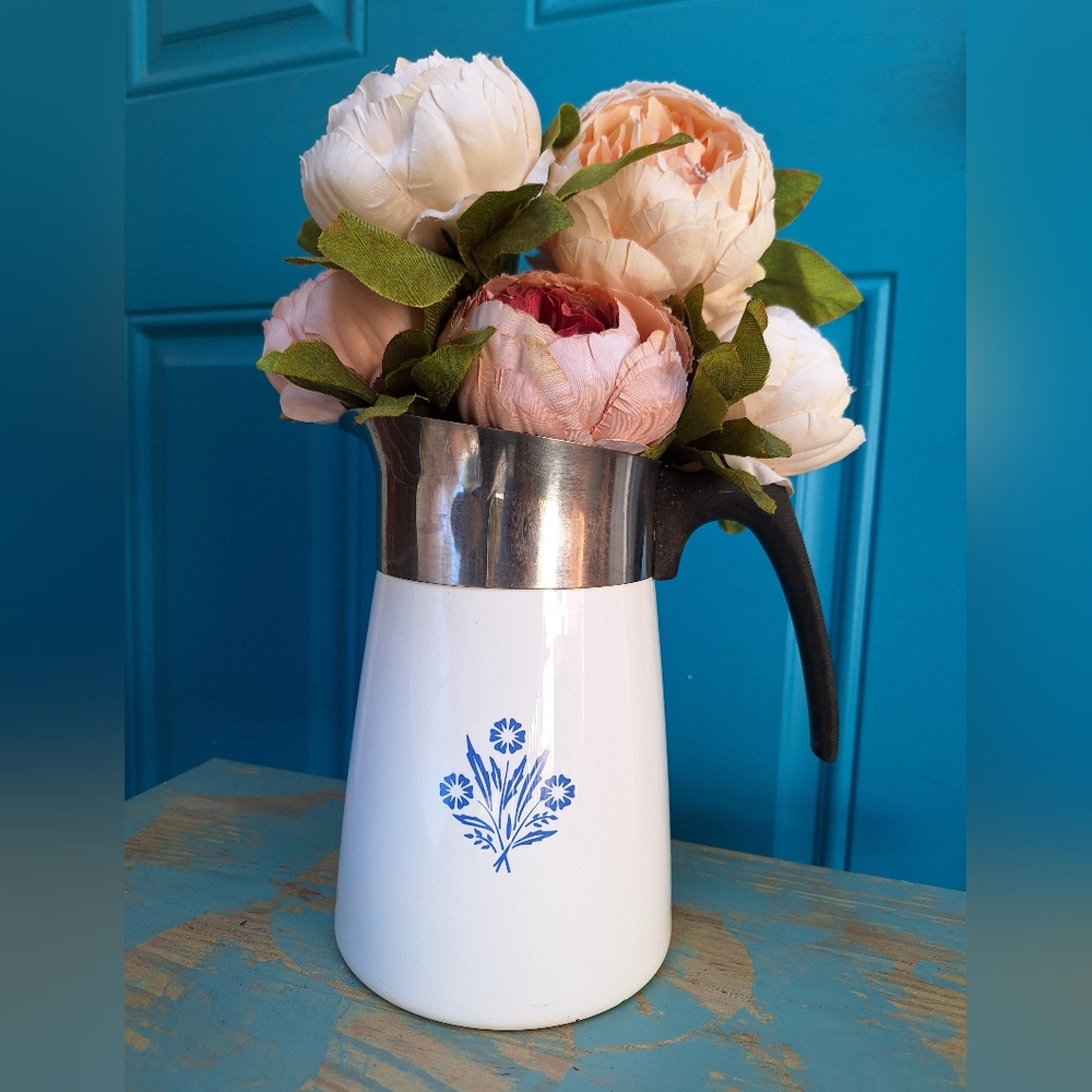 Vintage Teapot Vase Corning Ware Corn Flower Blue Enamel Steel Coffee Pot Decor